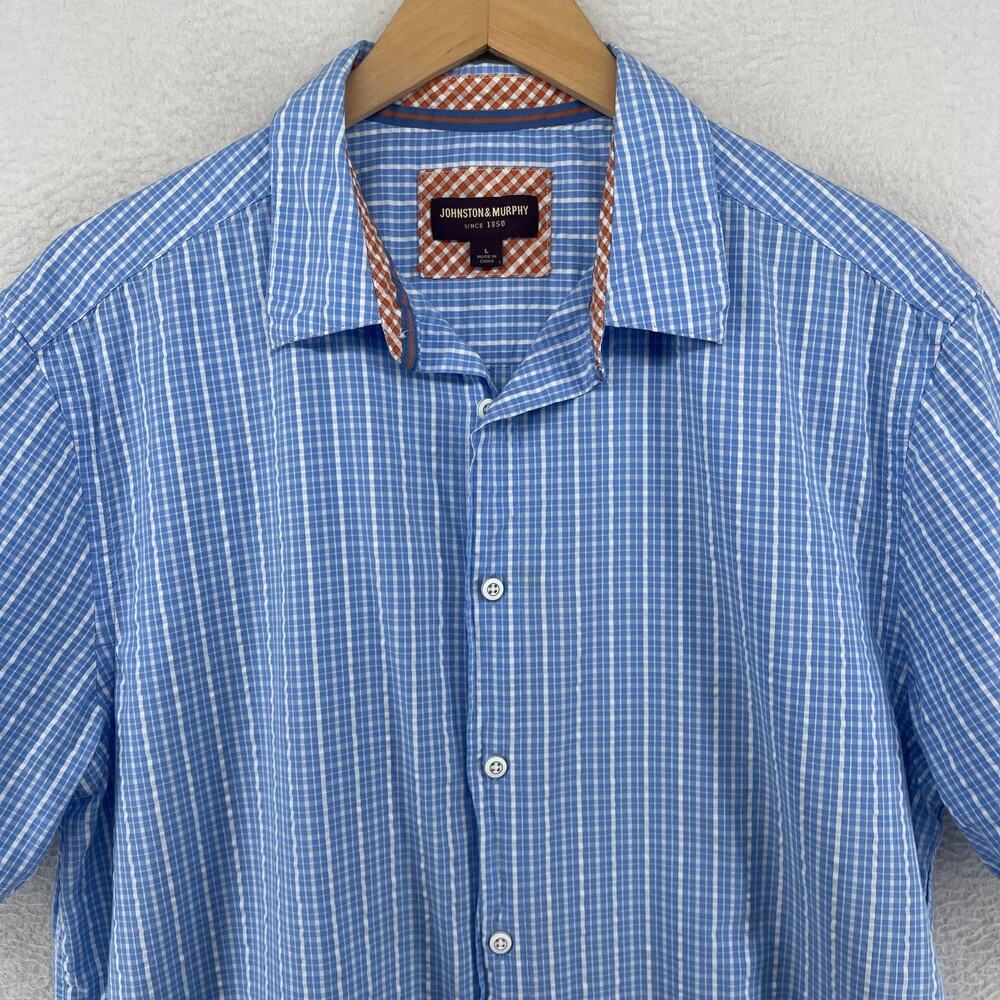 JOHNSTON & MURPHY Shirt Mens L Seersucker Check Button Up Short Sleeve Blue